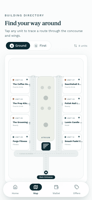 The app's building map with a traced route
