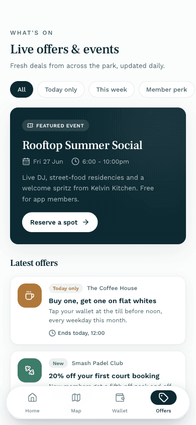 The app's live offers and events feed